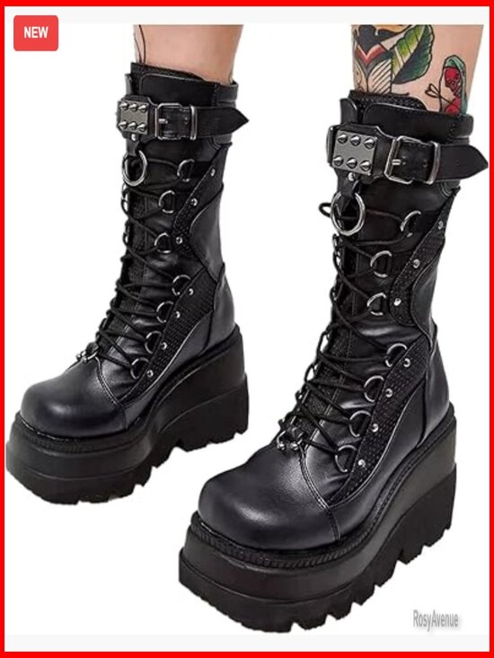 Shoes - Platform Ankle Boots Chunky Heel Combat Boots Lace Up Wedges